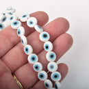 10mm Evil Eye Beads, coin, glass, white with blue eyes, strand, bgl2093