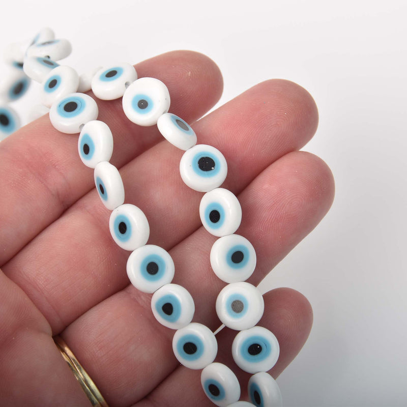 10mm Evil Eye Beads, coin, glass, white with blue eyes, strand, bgl2093