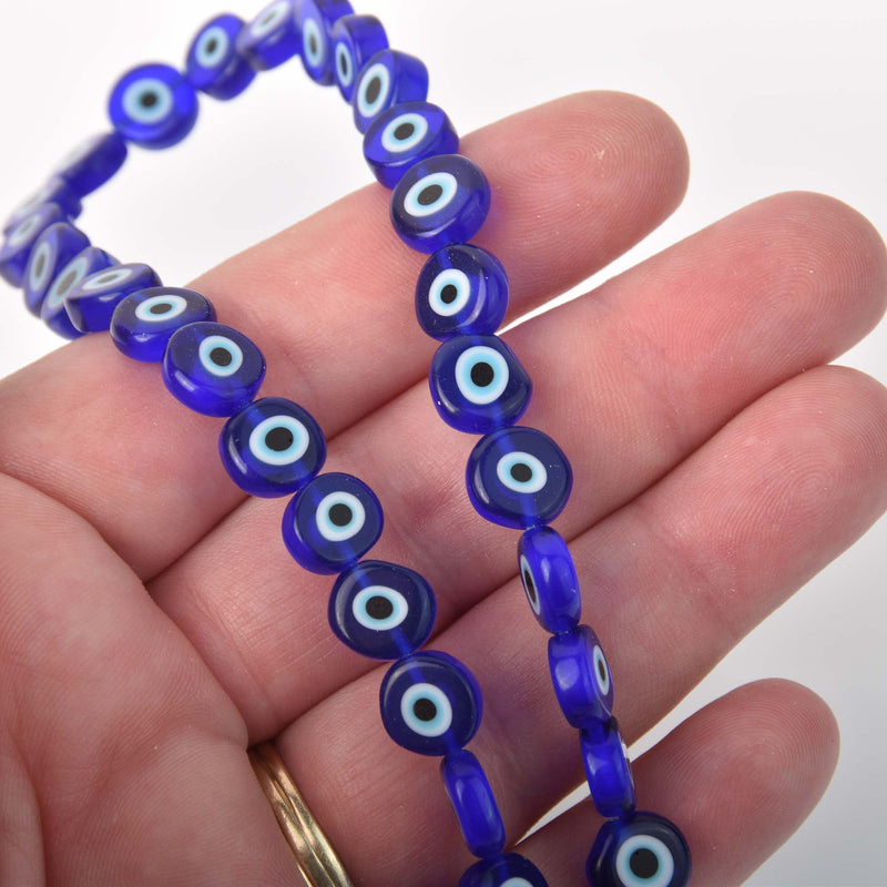 10mm Evil Eye Beads, coin, glass, cobalt blue with white eyes, strand, bgl2094