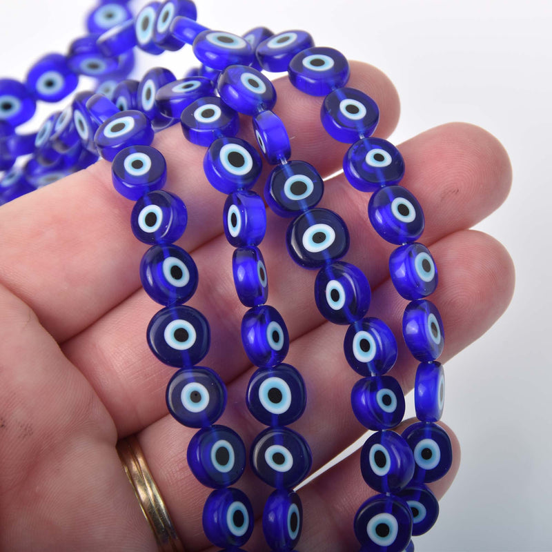 10mm Evil Eye Beads, coin, glass, cobalt blue with white eyes, strand, bgl2094