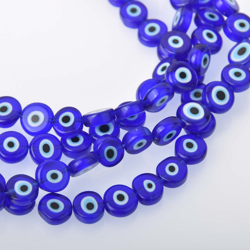 10mm Evil Eye Beads, coin, glass, cobalt blue with white eyes, strand, bgl2094