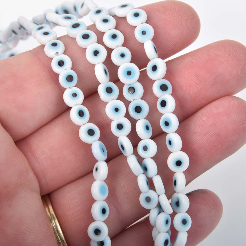 6mm Evil Eye Beads, coin, glass, white with blue eyes, strand, bgl2096