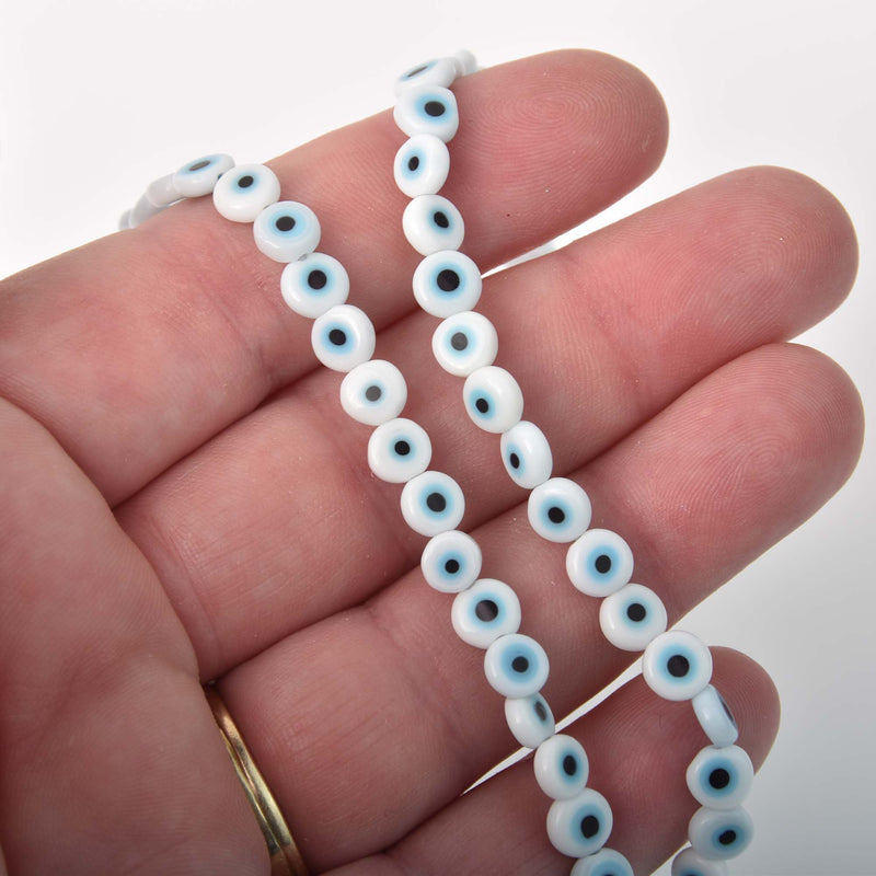 6mm Evil Eye Beads, coin, glass, white with blue eyes, strand, bgl2096