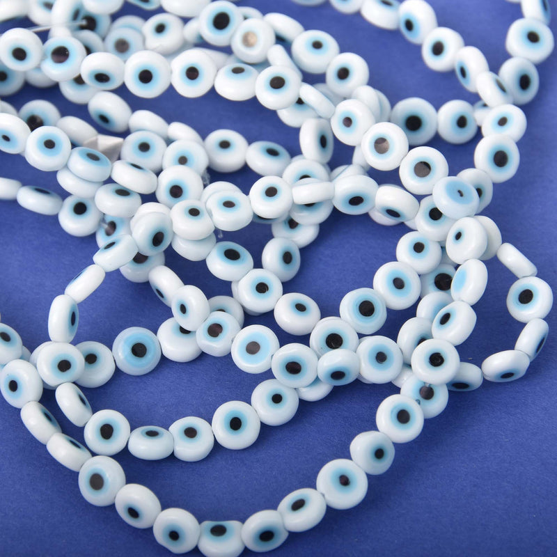 6mm Evil Eye Beads, coin, glass, white with blue eyes, strand, bgl2096