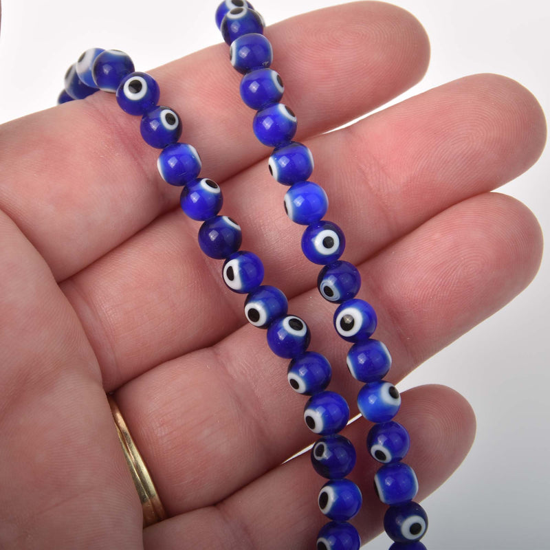 6mm Evil Eye Beads, round glass, cobalt blue with white eyes, strand, bgl2099