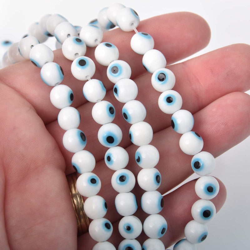 8mm Evil Eye Beads, round glass, white with blue eyes, strand, bgl2100