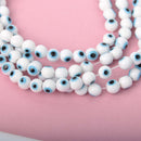 8mm Evil Eye Beads, round glass, white with blue eyes, strand, bgl2100