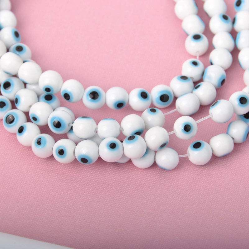 8mm Evil Eye Beads, round glass, white with blue eyes, strand, bgl2100