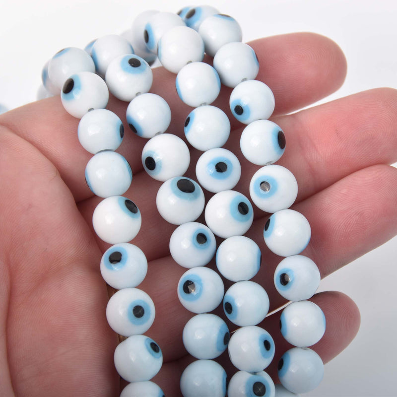 10mm Evil Eye Beads, round glass, white with blue eyes, strand, bgl2102