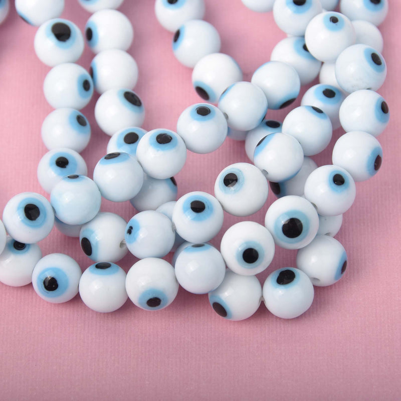 6mm Evil Eye Beads, round glass, white with blue eyes, strand, bgl2101