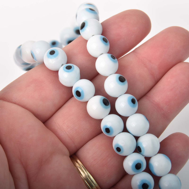 10mm Evil Eye Beads, round glass, white with blue eyes, strand, bgl2102