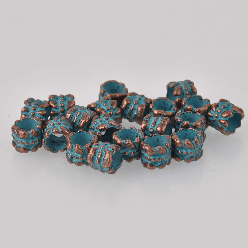 Blue Verdigris Patina Copper Beads, barrel 7.5x6mm metal, bgl2104