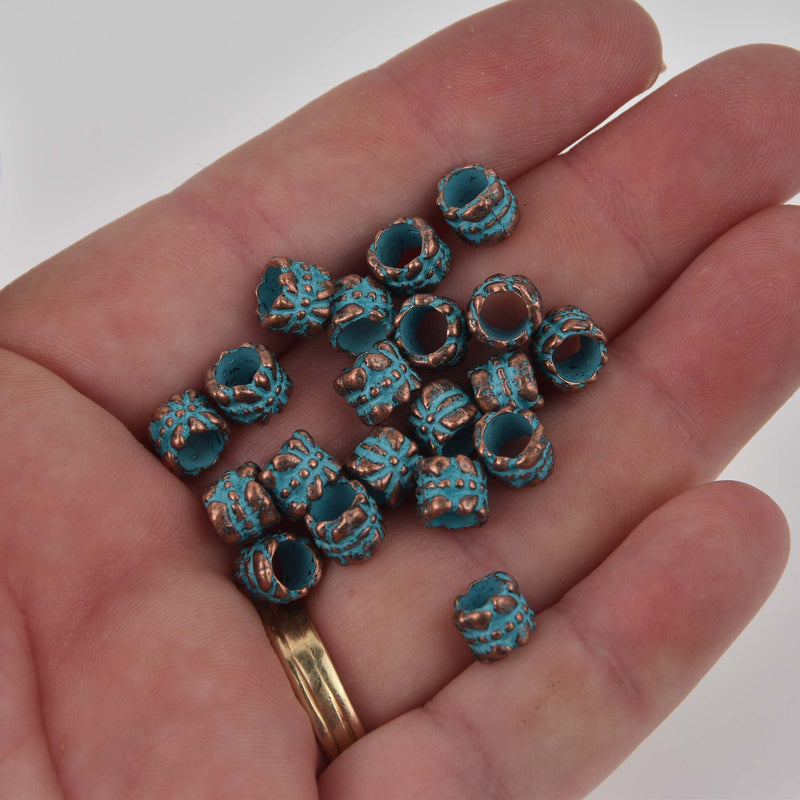 Blue Verdigris Patina Copper Beads, barrel 7.5x6mm metal, bgl2104