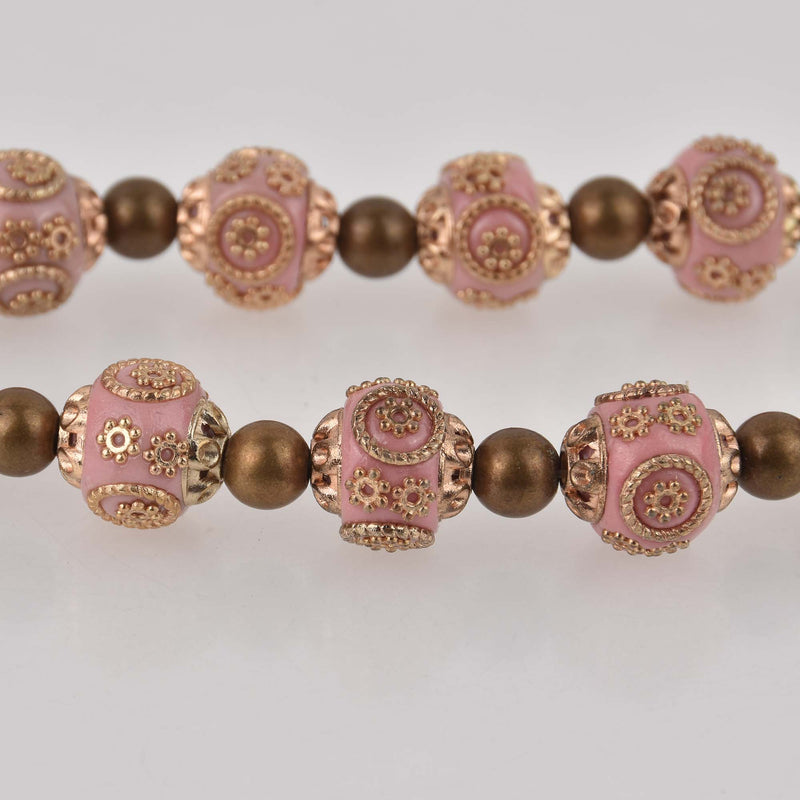 Handmade Indonesian Clay Beads 15mm, Pink and Gold Ornate Focal Beads, 11.5" strand, bgl2110