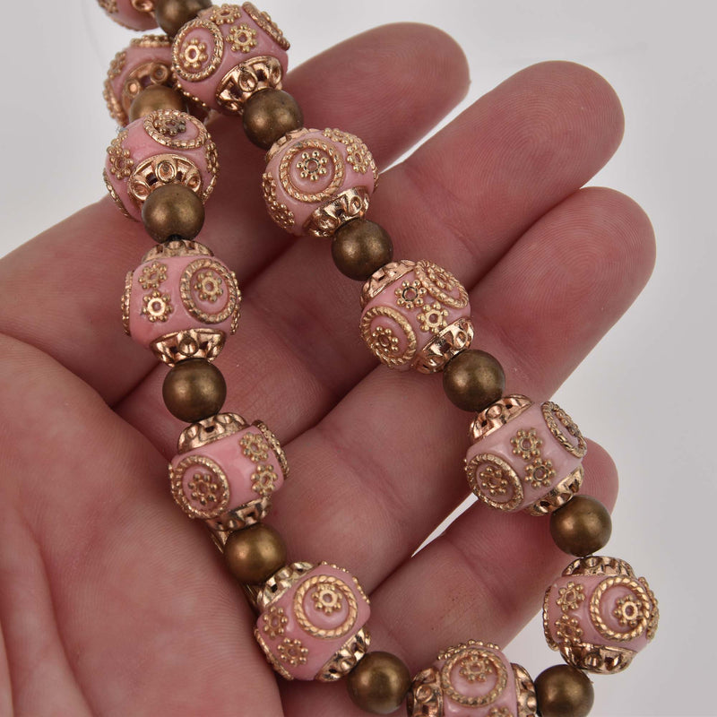 Handmade Indonesian Clay Beads 15mm, Pink and Gold Ornate Focal Beads, 11.5" strand, bgl2110