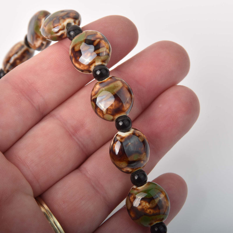 Beautiful Hand Painted Porcelain Coin Beads, brown and green, 15mm, x11 beads, bgl2117