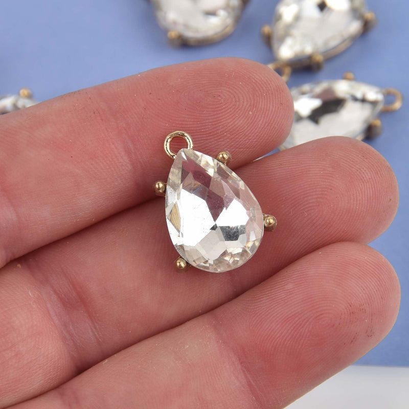 2 Rhinestone Teardrop Drop Charm Pendants, gold bezel setting, faceted crystal glass, 3/4" long chg0425