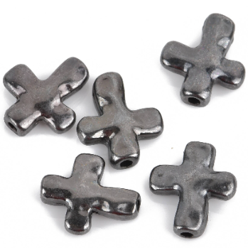 10 Gunmetal Black Metal Sideways Cross Beads, hammered textured metal 13mm x 11mm chs3294a
