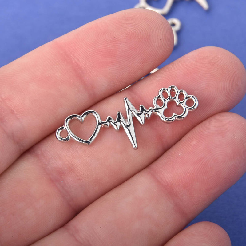 10 Silver Plated PET HEARTBEAT charms, two-hole connector dog cat animal bar charms chs6861