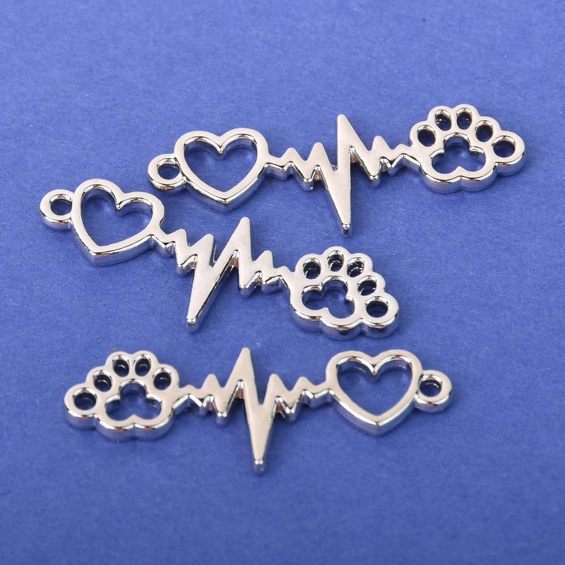 10 Silver Plated PET HEARTBEAT charms, two-hole connector dog cat animal bar charms chs6861