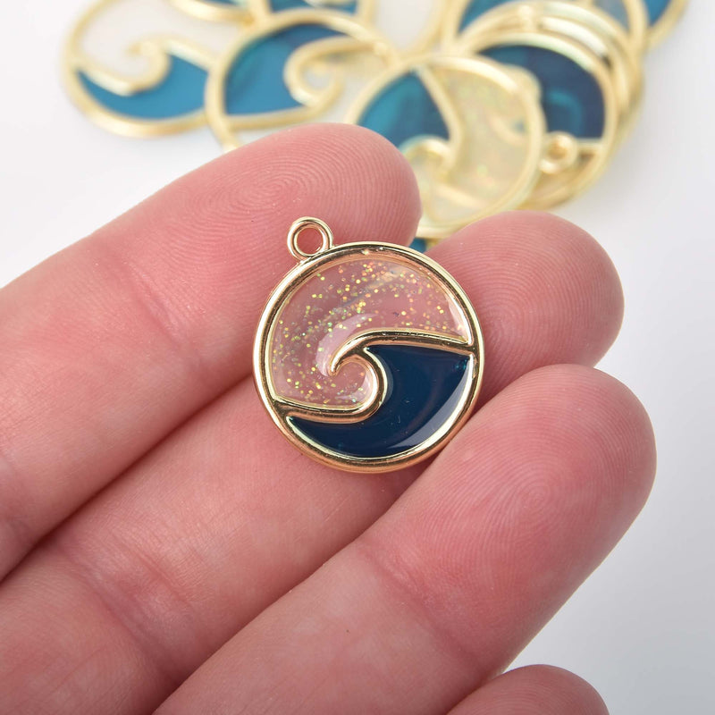 4 Beach Wave Charms Gold Plated Metal with Blue Resin 23mm chs6869