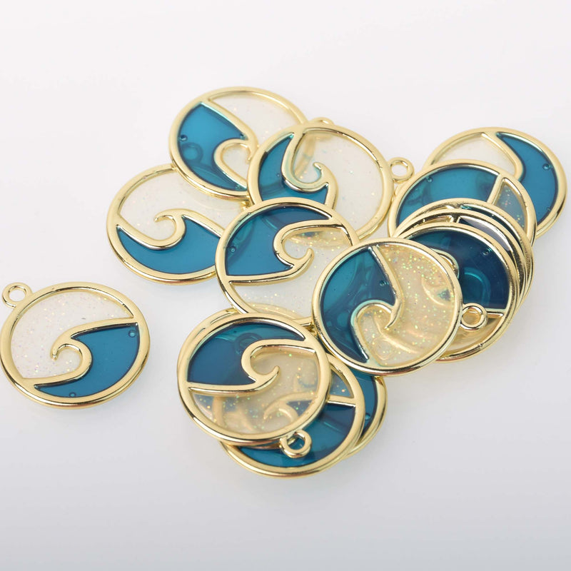 4 Beach Wave Charms Gold Plated Metal with Blue Resin 23mm chs6869