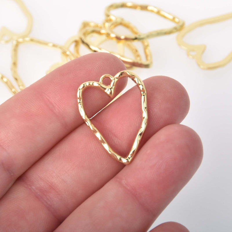 5 Gold Plated HEART Charms Hammered Metal, 26mm chs6876