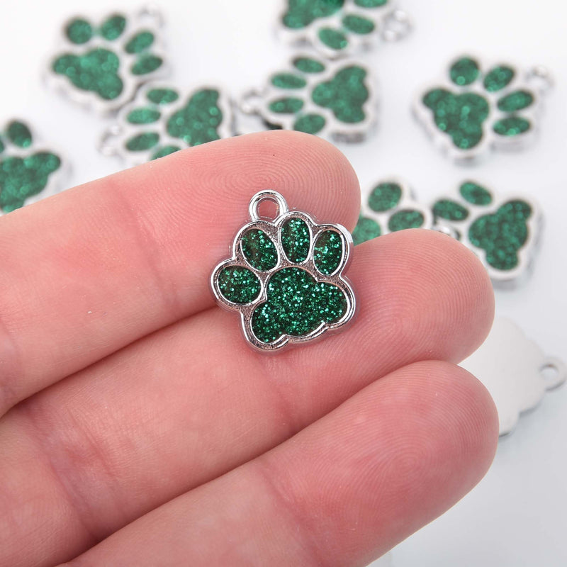 6 Green Paw Print Charms, Glitter Enamel with Silver, 16mm, chs7225