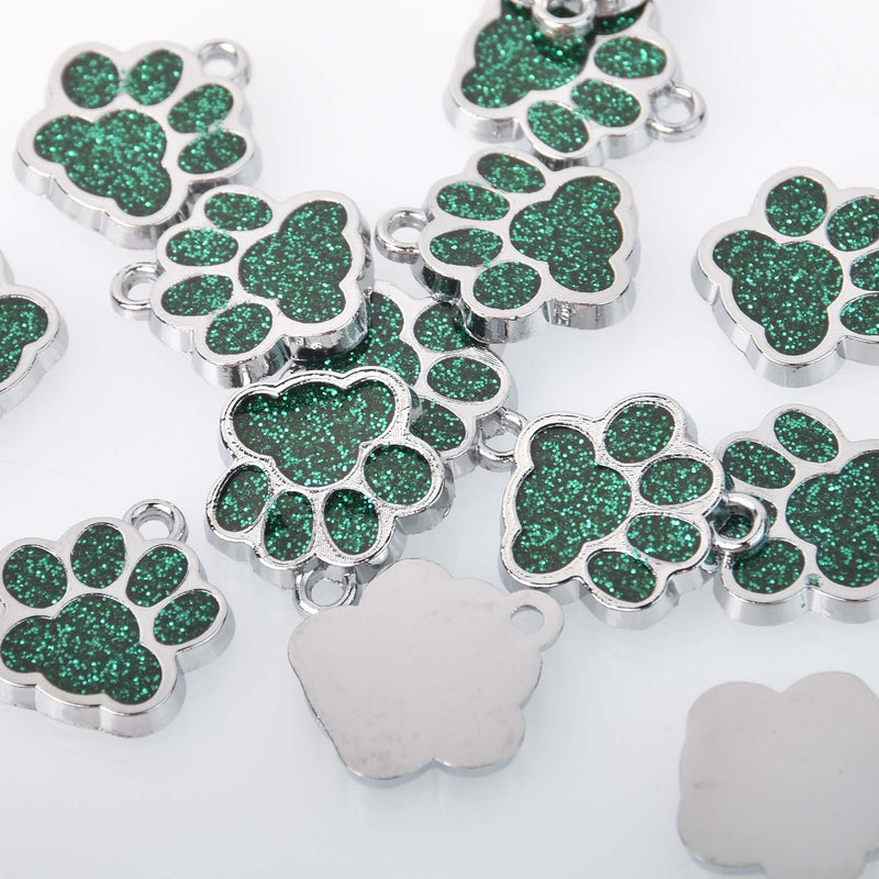 6 Green Paw Print Charms, Glitter Enamel with Silver, 16mm, chs7225