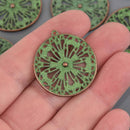 5 Copper Patina MANDALA Charms, green verdigris, 33mm, chs7972