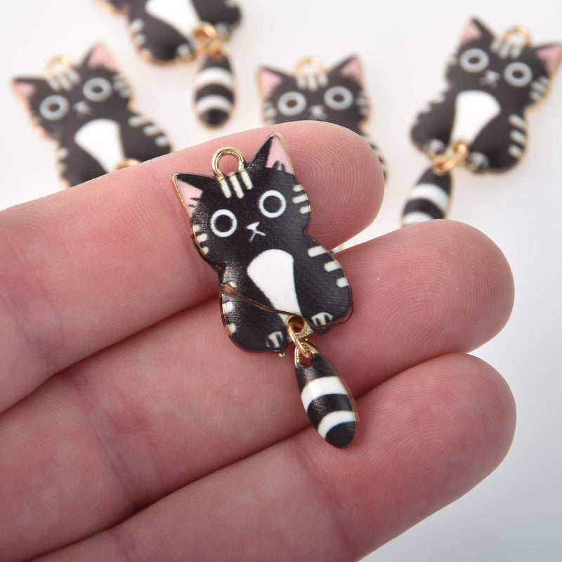 6 Enamel Cat Charms, swinging tail, gold plated with black, chs8299