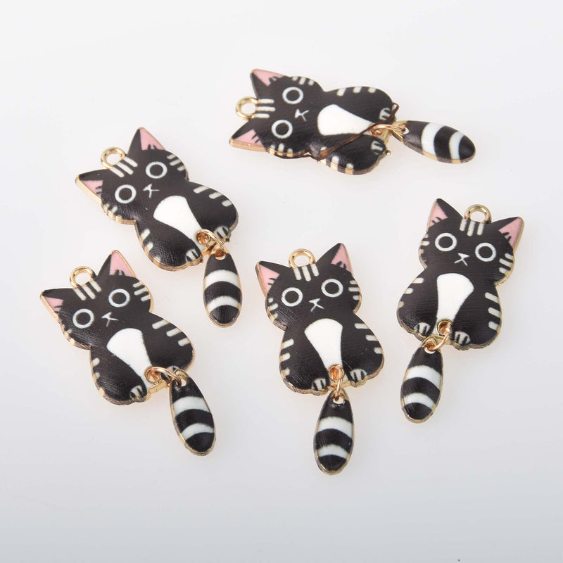 6 Enamel Cat Charms, swinging tail, gold plated with black, chs8299