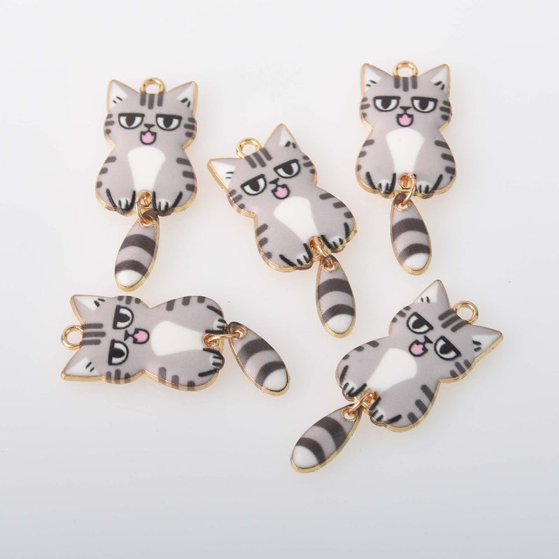 6 Enamel Cat Charms, swinging tail, gold plated with gray, chs8300