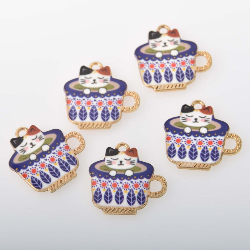 5 Cat in Teacup Charms Gold with Enamel Colors chs8301
