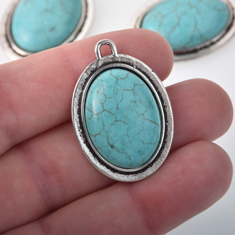 Faux Turquoise Charms, Oval, Silver Metal, 33mm, chs8302