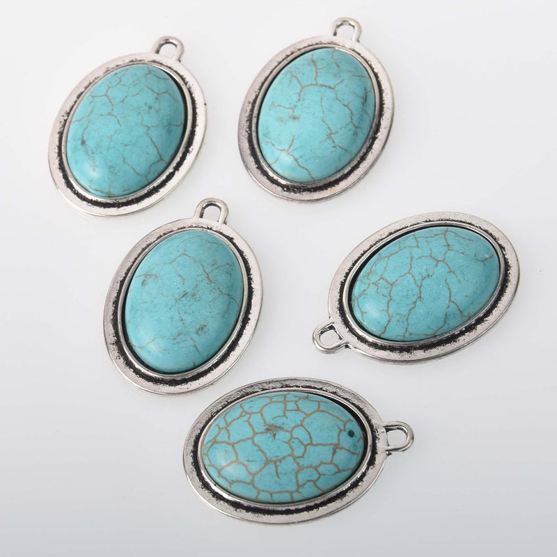 Faux Turquoise Charms, Oval, Silver Metal, 33mm, chs8302