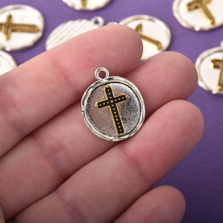 Silver Cross Charms, Silver Coin with Gold Cross, round coin charms, chs8303