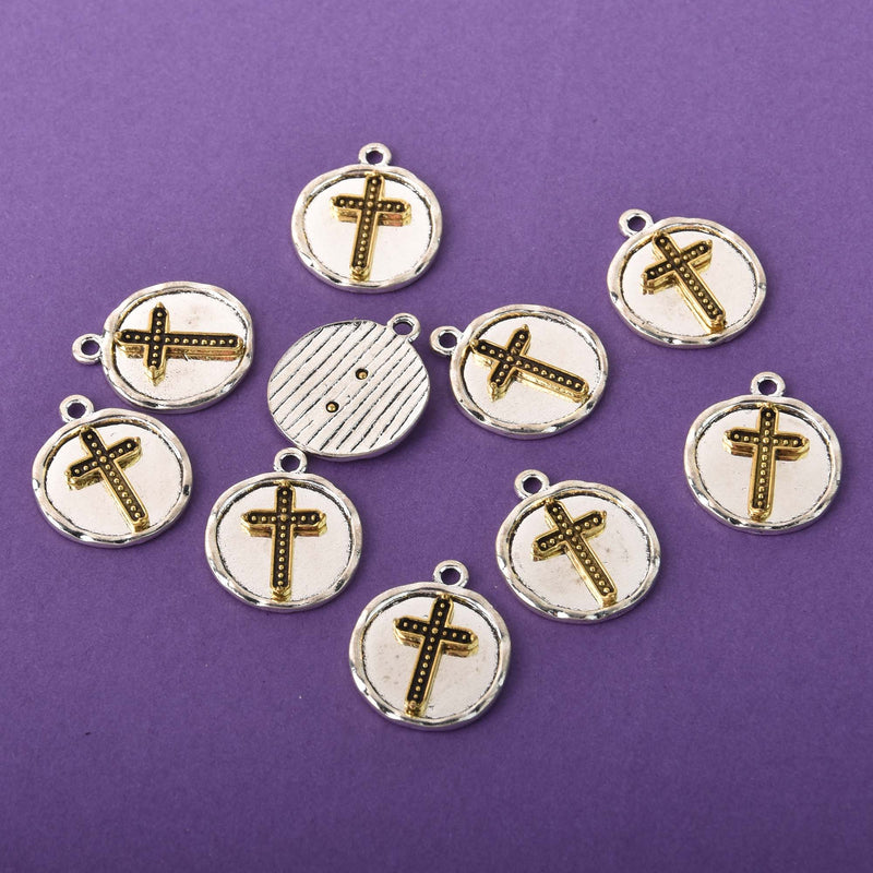 Silver Cross Charms, Silver Coin with Gold Cross, round coin charms, chs8303