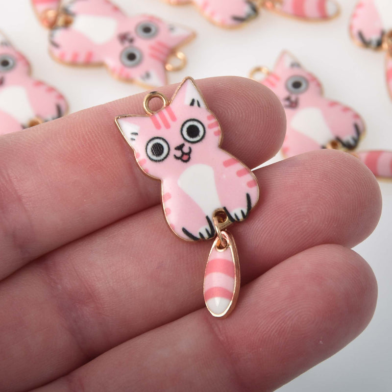 6 Enamel Cat Charms, swinging tail, gold plated with pink, chs8305