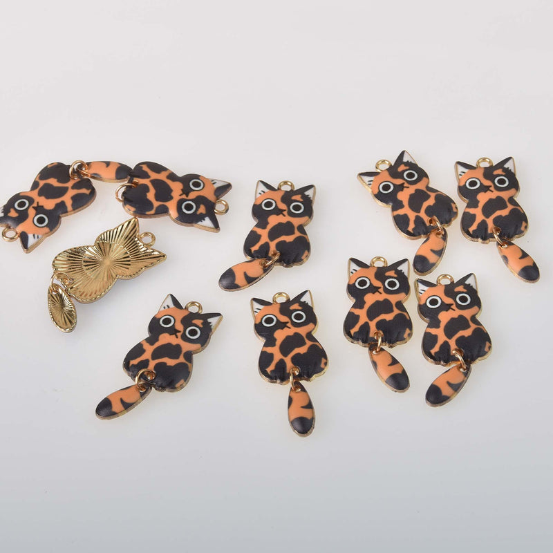 6 Enamel Cat Charms, swinging tail, gold plated with orange, chs8306