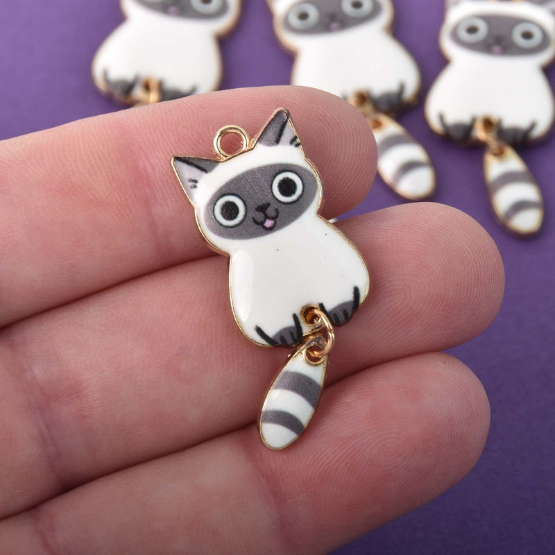 6 Enamel Racoon Charms, swinging tail, gold plated with white and gray, chs8307