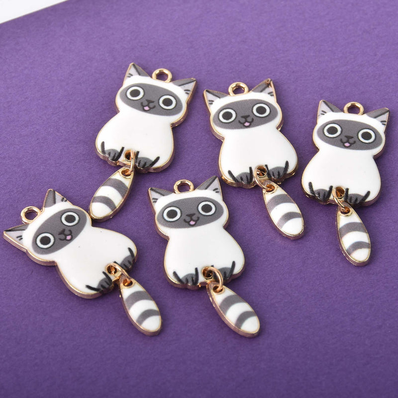 6 Enamel Racoon Charms, swinging tail, gold plated with white and gray, chs8307