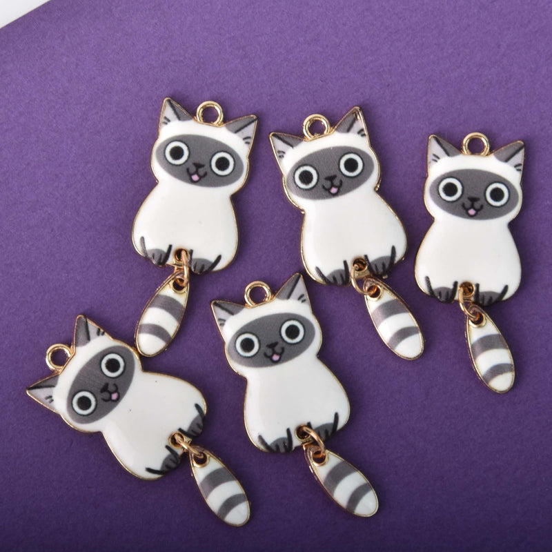 6 Enamel Racoon Charms, swinging tail, gold plated with white and gray, chs8307