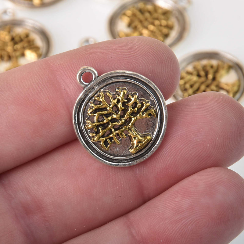 Silver Tree Charms, Silver Coin with Gold, round coin charms, chs8319