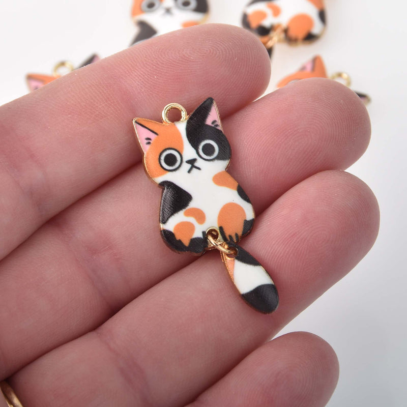 6 Enamel Cat Charms, swinging tail, gold plated with orange, chs8320