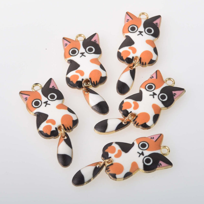 6 Enamel Cat Charms, swinging tail, gold plated with orange, chs8320