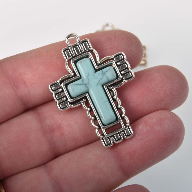 Faux Turquoise Cross Charms, oval shape, silver metal, chs8323