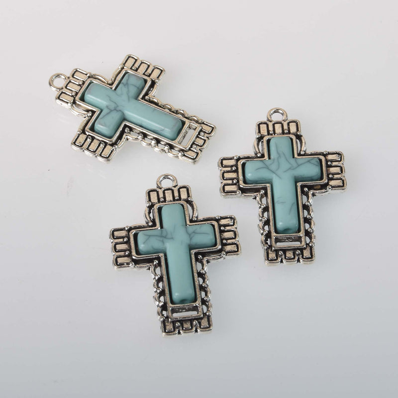 Faux Turquoise Cross Charms, oval shape, silver metal, chs8323
