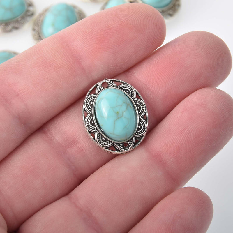 4 Faux Turquoise Charms, oval shape, silver metal, 20mm, chs8324