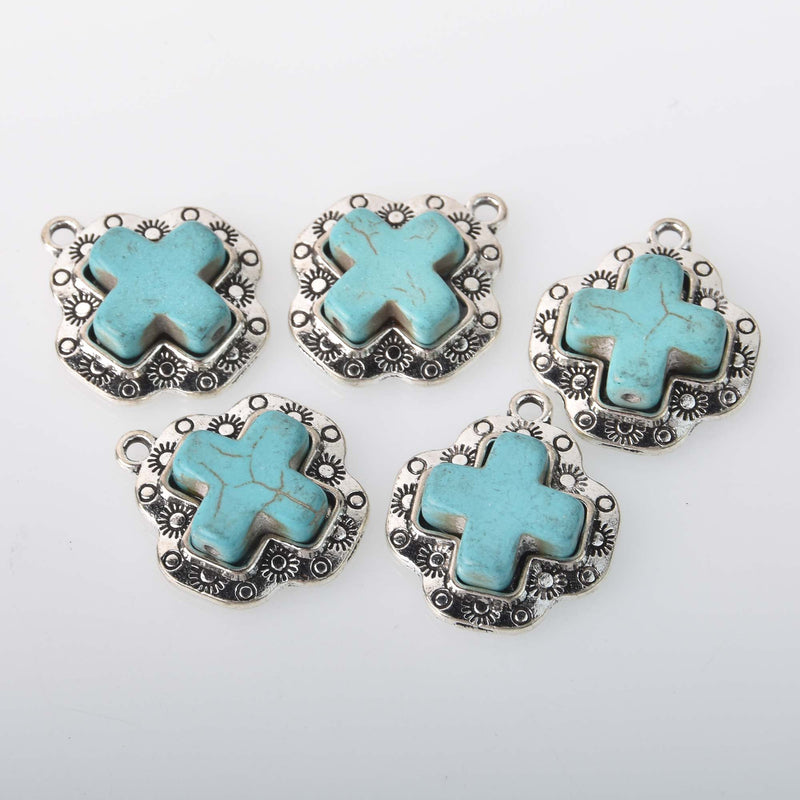 Faux Turquoise Cross Charms, oval shape, silver metal, chs8325